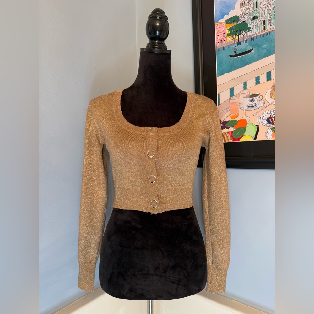 Metallic Gold Lurex Cropped Cardigan from Pinup Girl Clothing  Sz M